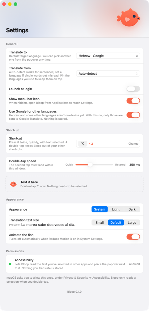 Bloop's Settings window: target and source language, launch at login, shortcut recorder, double-tap speed, appearance and permissions.